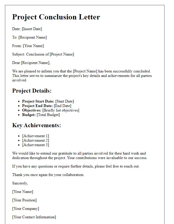 Letter template of concluding project details for all parties involved