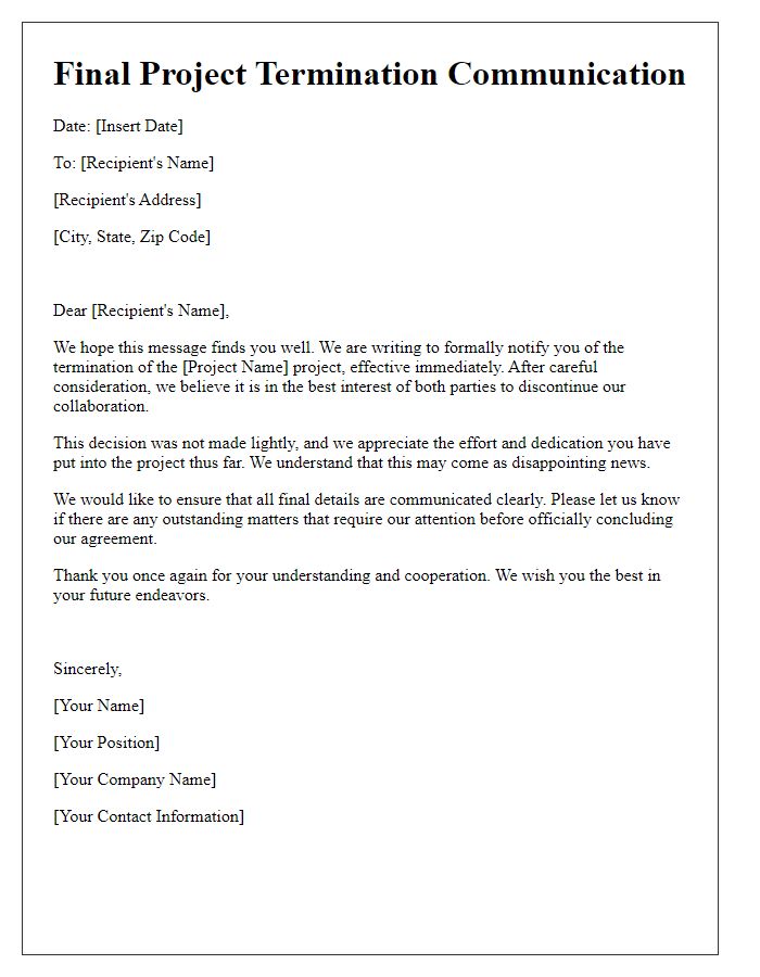 Letter template of final project termination communication