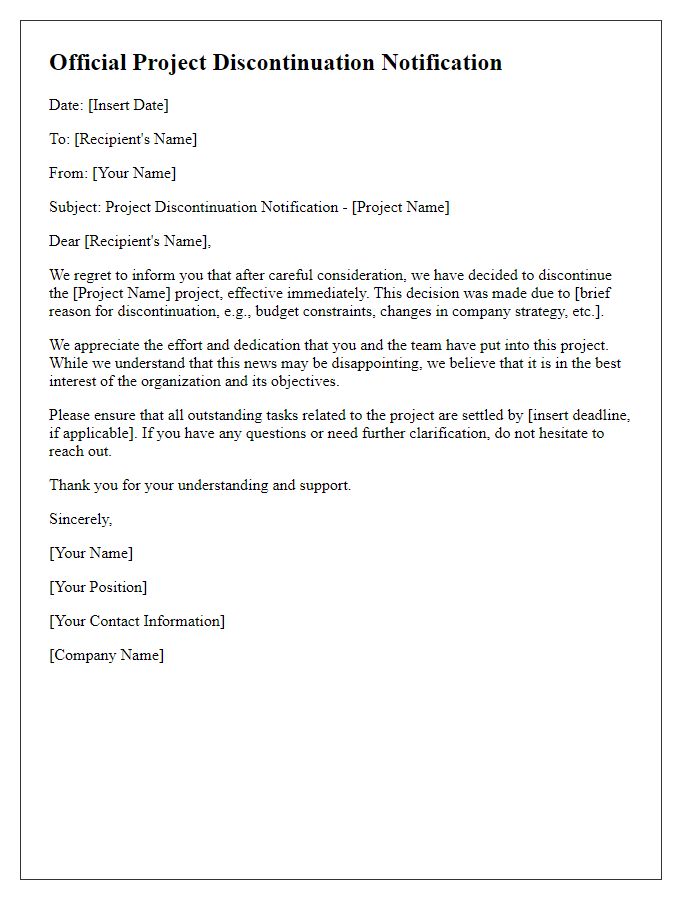 Letter template of official project discontinuation notification