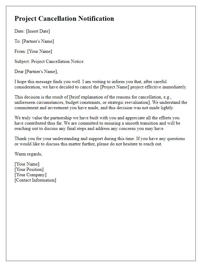 Letter template of project cancellation communication to partners