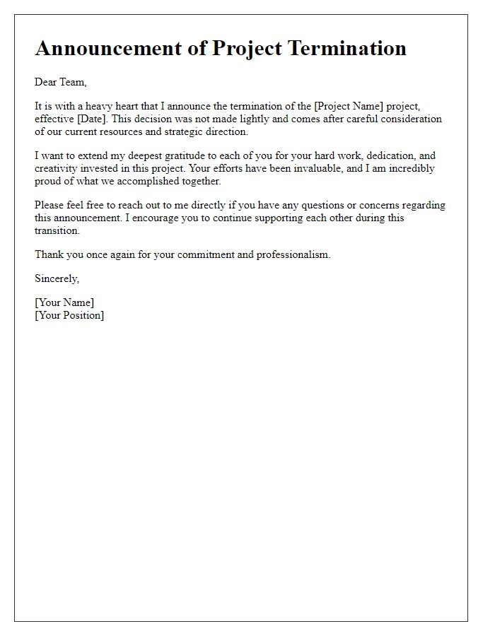 Letter template of project termination announcement to team members