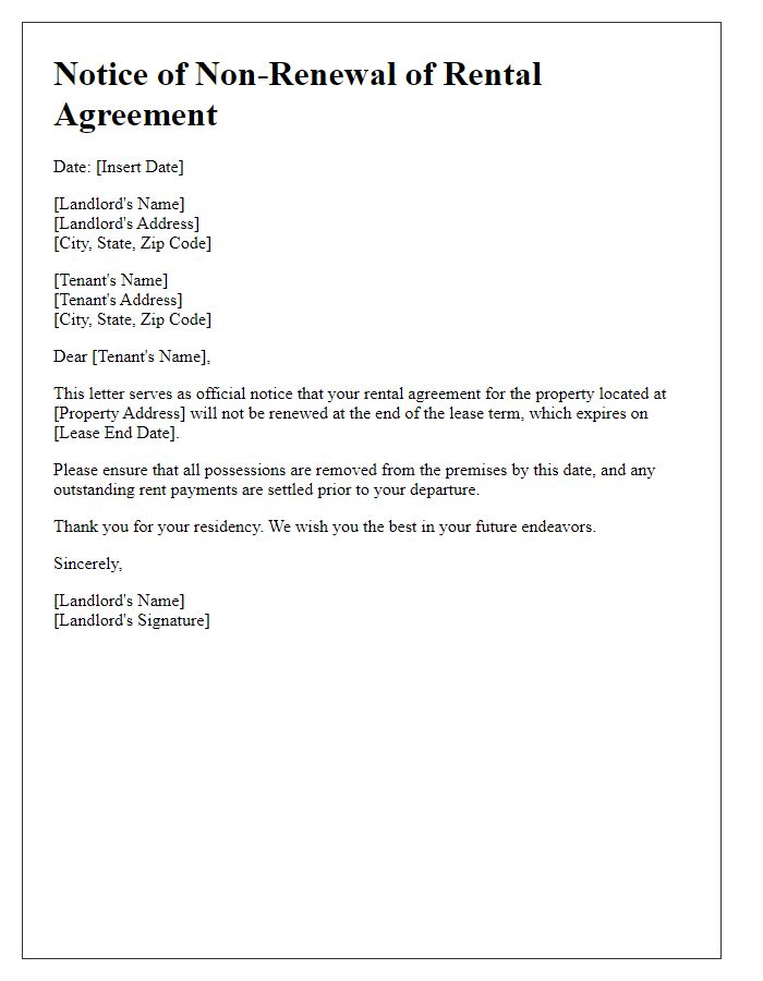 Letter template of contract non-renewal in a rental agreement