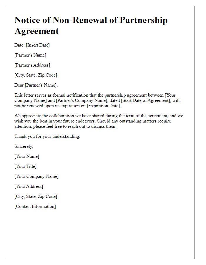 Letter template of contract non-renewal for partnership agreement