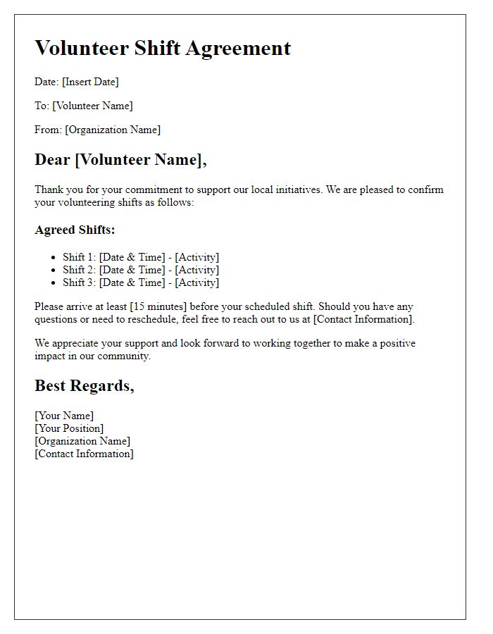 Letter template of agreed volunteer shifts for local initiatives