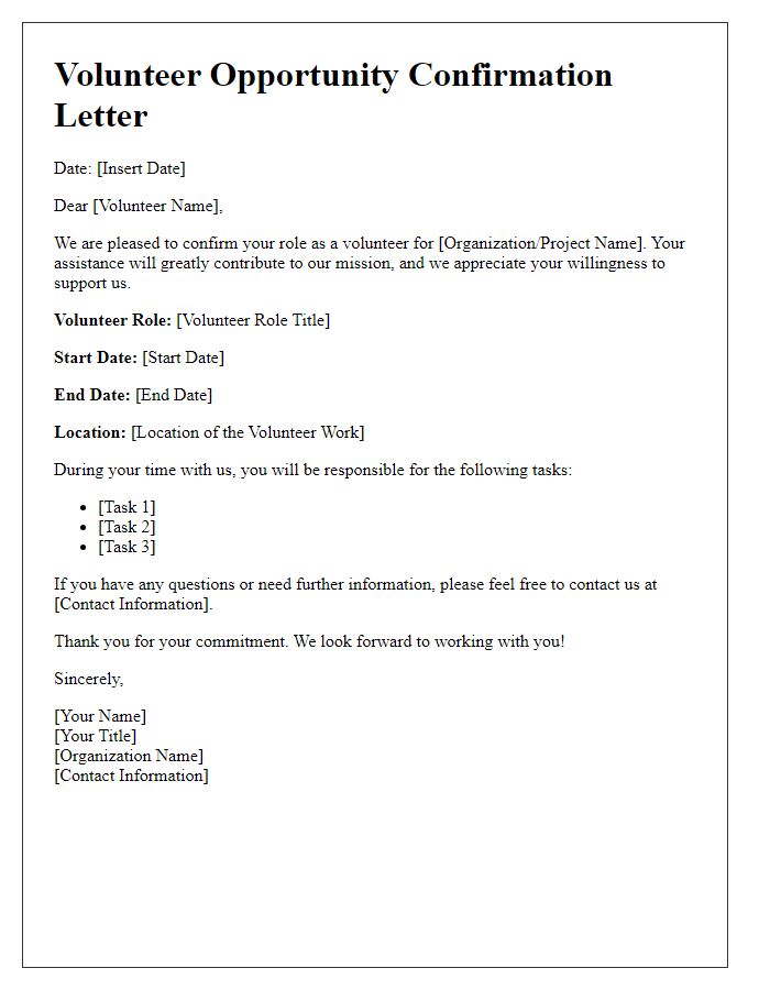 Letter template of confirmed assistive roles for volunteer opportunities