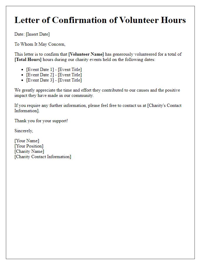 Letter template of confirmed volunteer hours for charity events