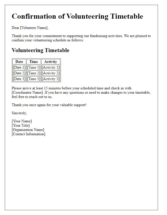 Letter template of confirmed volunteering timetable for fundraising activities