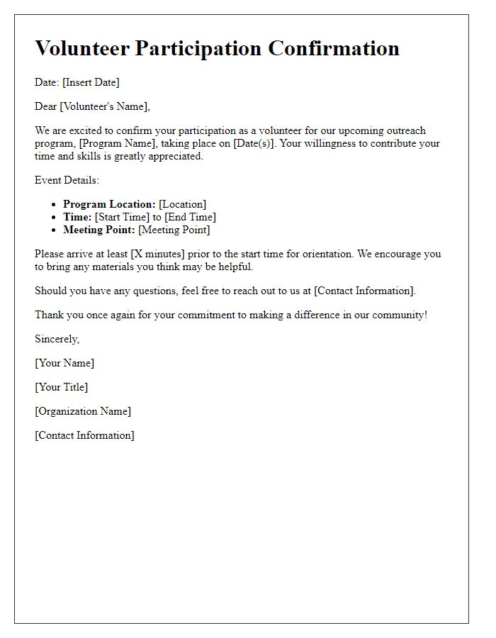 Letter template of volunteer participation confirmation for outreach programs