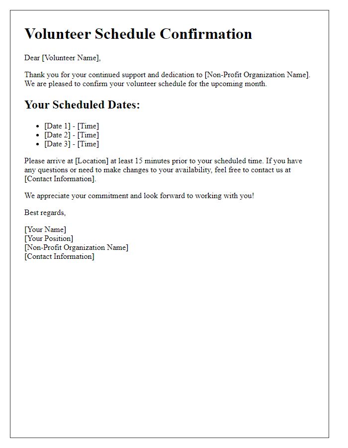 Letter template of volunteer schedule confirmation for non-profit organization