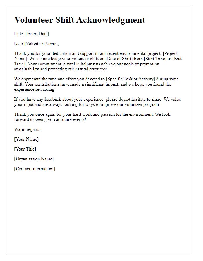 Letter template of volunteer shift acknowledgment for environmental projects