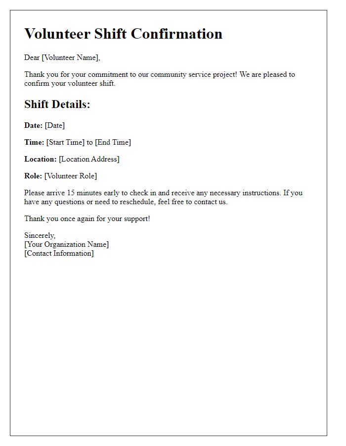 Letter template of volunteer shift confirmation for community service