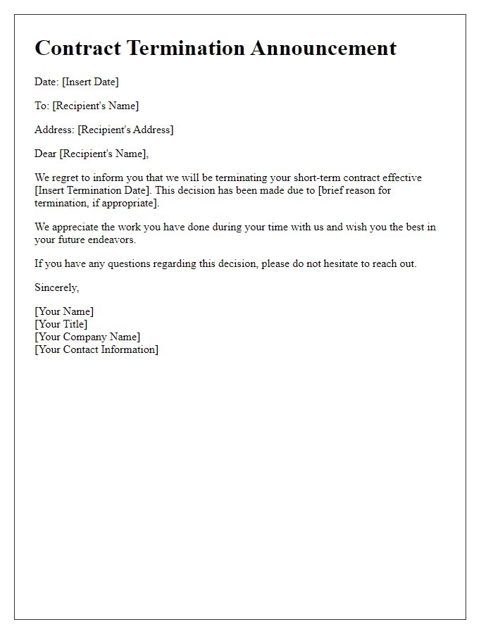 Letter template of short-term contract termination announcement