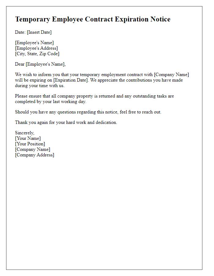 Letter template of temporary employee contract expiration notice