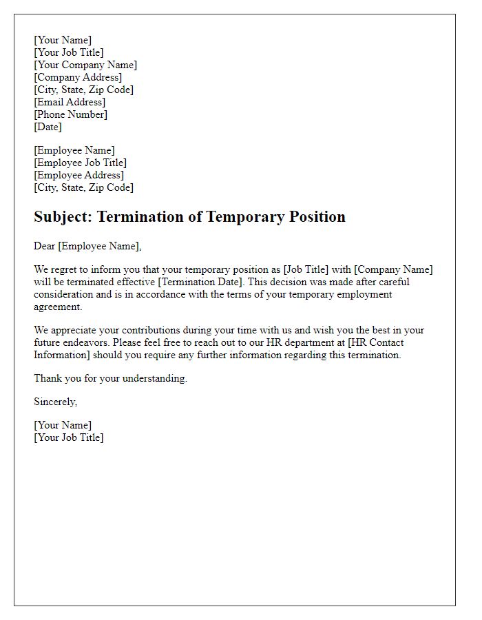 Letter template of temporary position termination correspondence