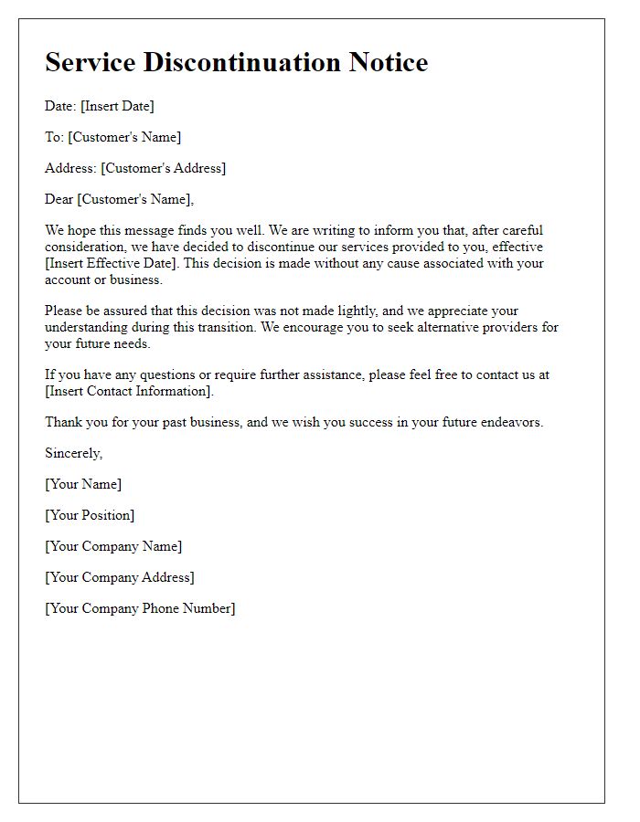 Letter template of services discontinuation notice without cause