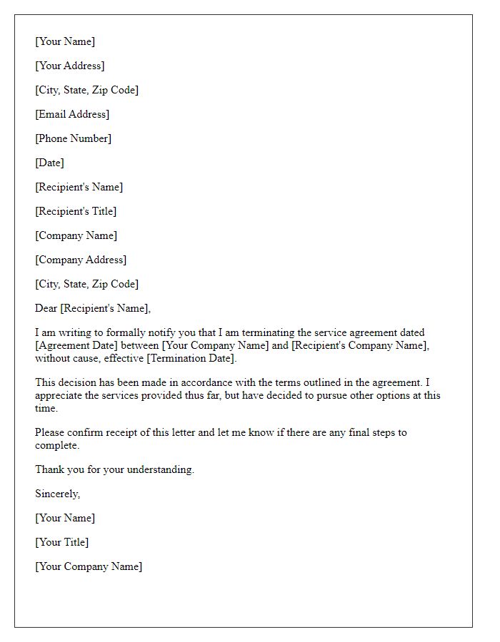 Letter template of termination letter for service agreement without cause