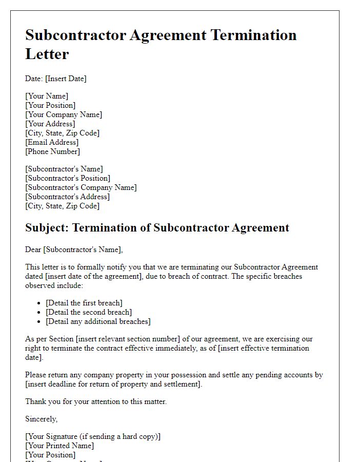 Letter template of subcontractor agreement termination for breach of contract