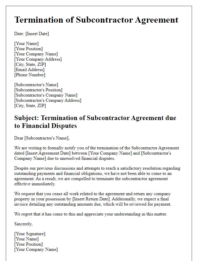 Letter template of subcontractor agreement termination for financial disputes