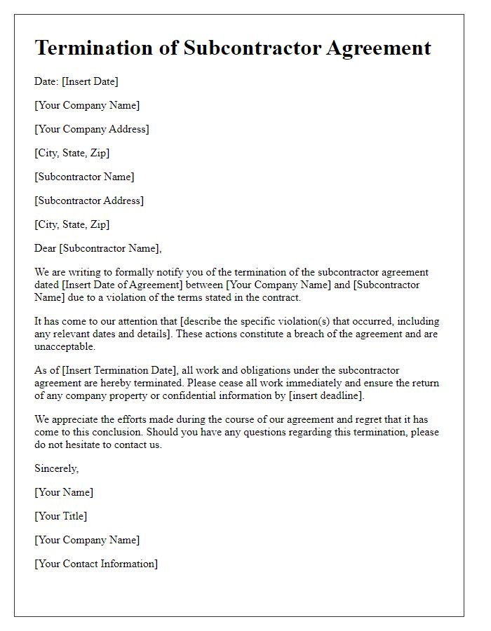 Letter template of subcontractor agreement termination for violation of terms