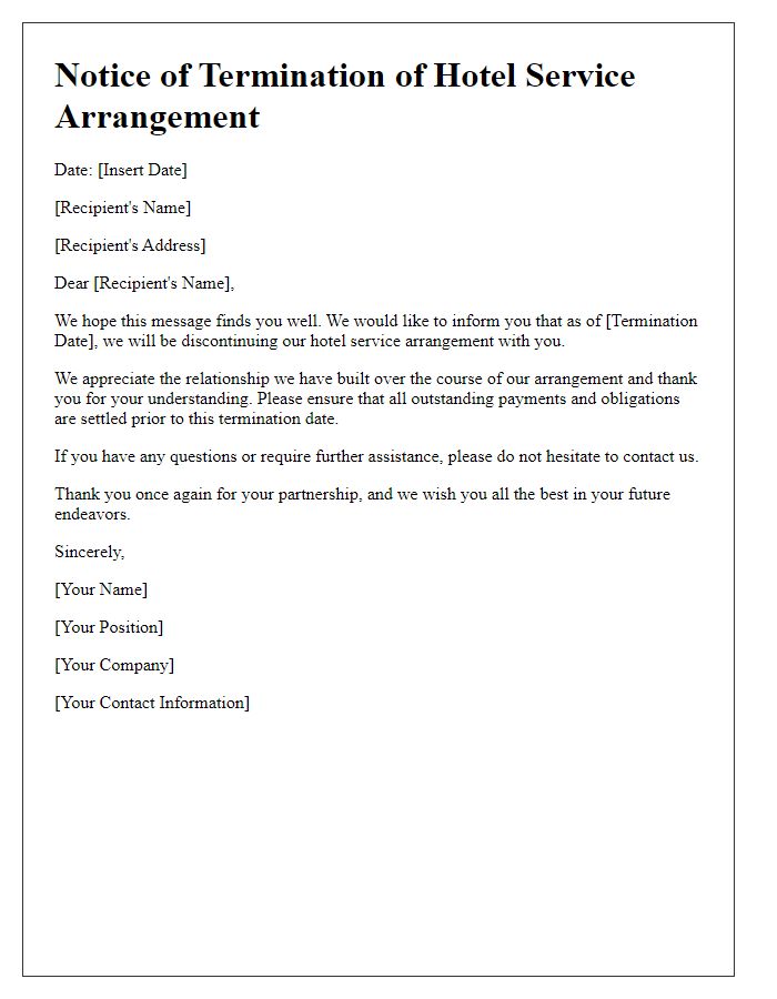 Letter template of ending hotel service arrangement