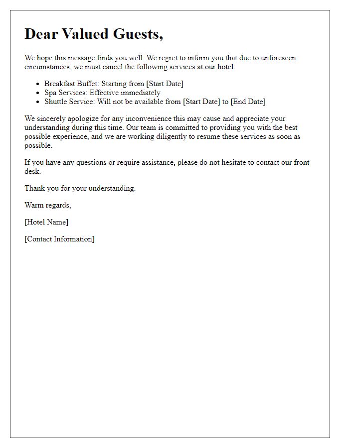 Letter template of hotel service cancellation announcement