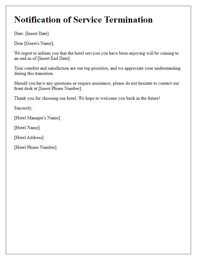 Letter template of notification for hotel service ending