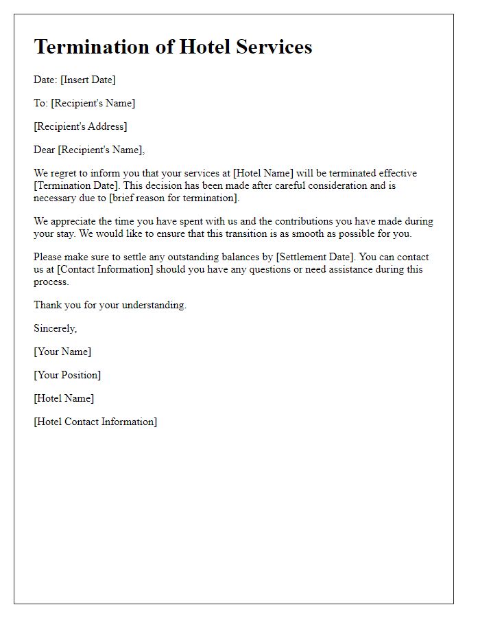 Letter template of termination of hotel services communication