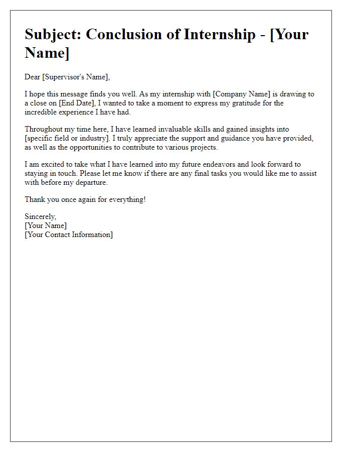 Letter template of internship ending communication