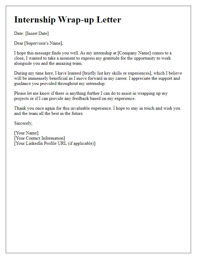 Letter template of internship wrap-up correspondence