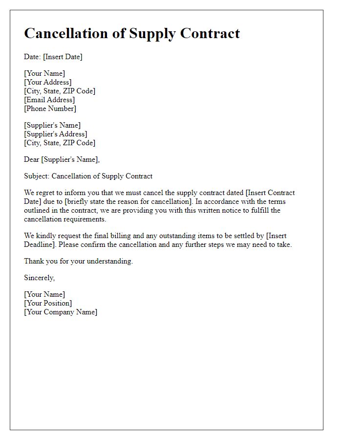 Letter template of cancellation of supply contract