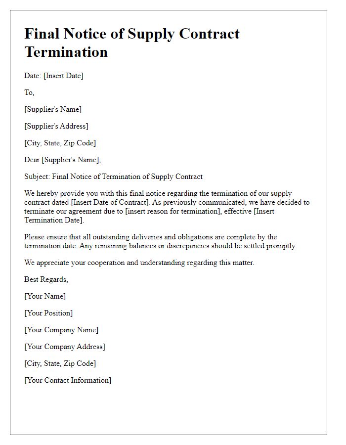 Letter template of final notice for supply contract termination