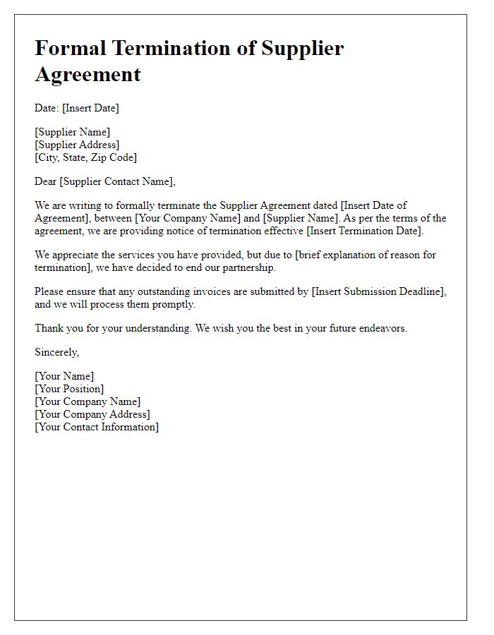 Letter template of formal termination for supplier agreement