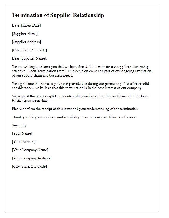 Letter template of termination communication for supplier relations