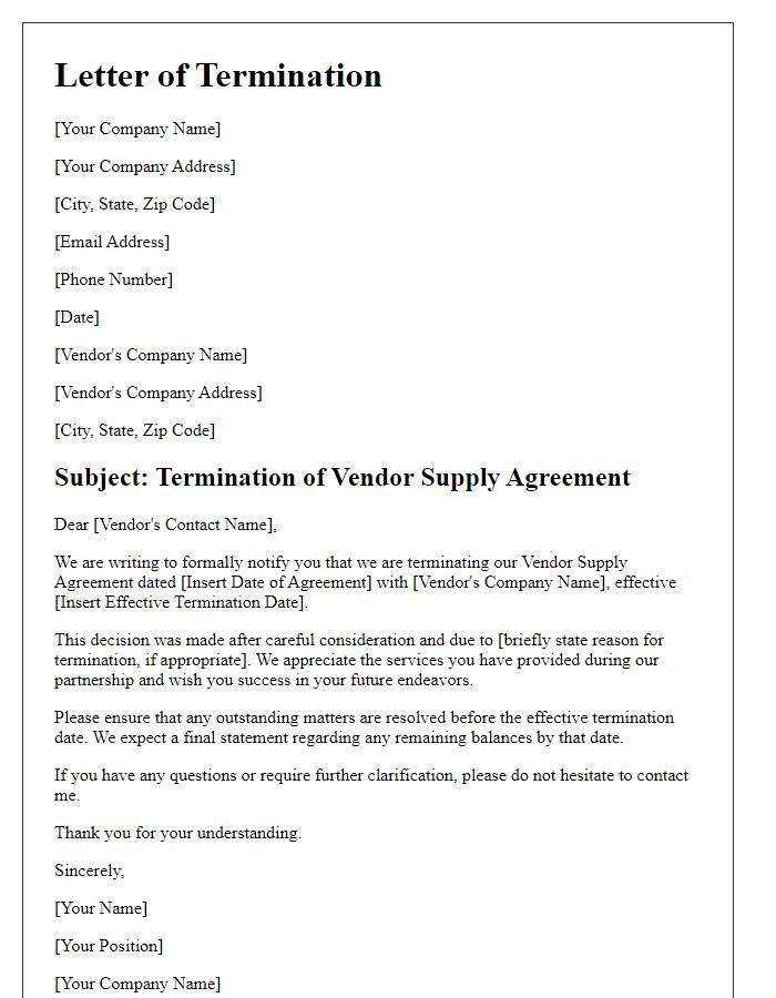 Letter template of termination of vendor supply agreement