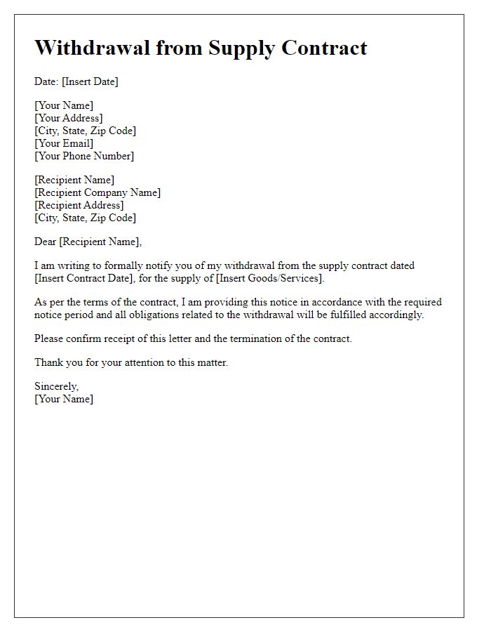 Letter template of withdrawal from supply contract