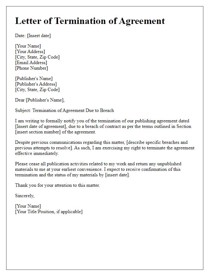 Letter template of agreement termination due to breach in publishing.