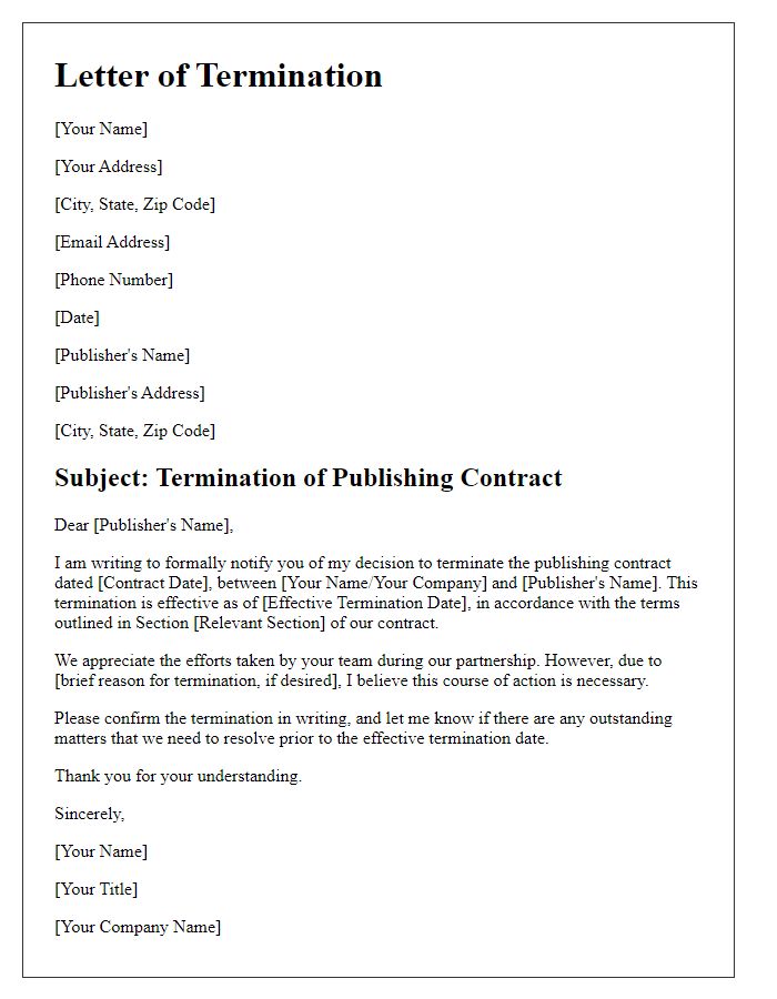 Letter template of formal termination of publishing contract.