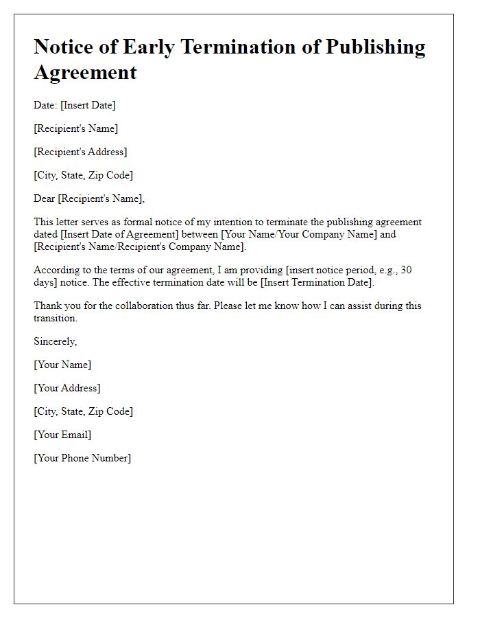 Letter template of notice for early termination of publishing agreement.