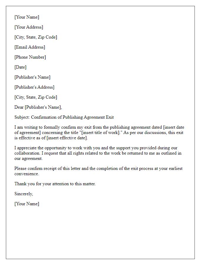 Letter template of publishing agreement exit confirmation.
