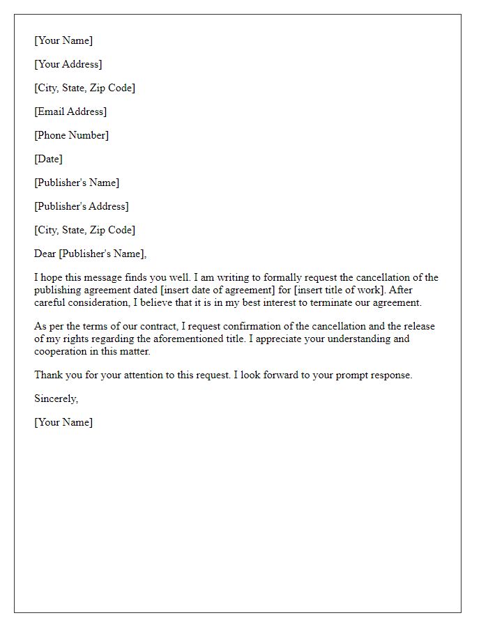 Letter template of request for publishing agreement cancellation.
