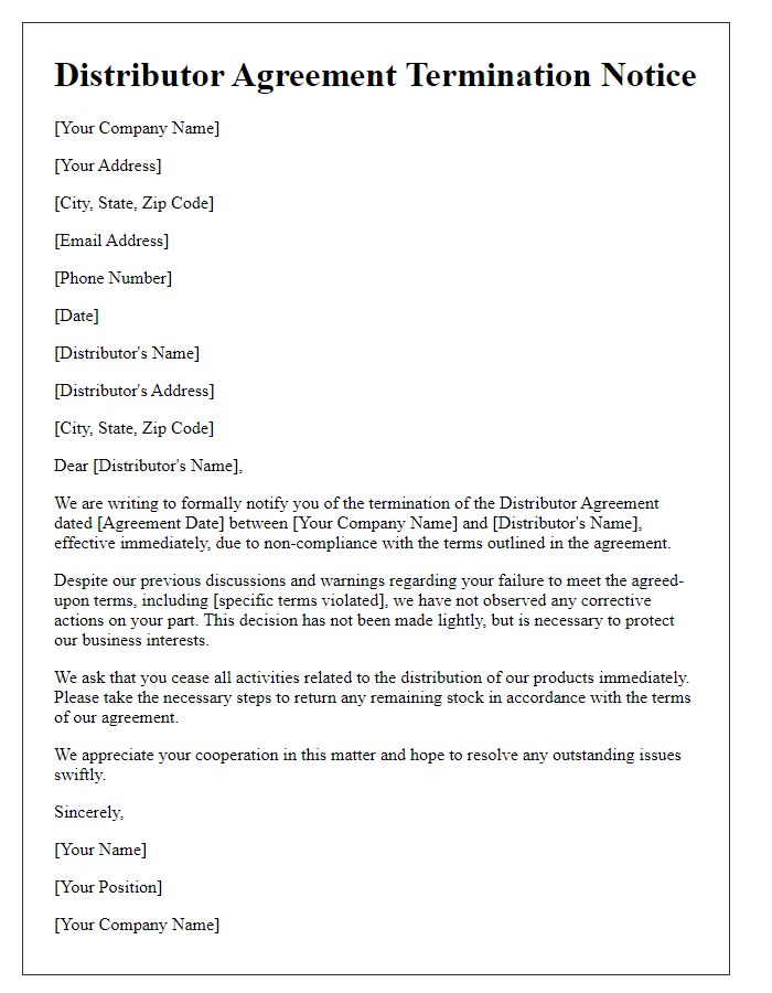 Letter template of distributor agreement termination based on non-compliance with terms.