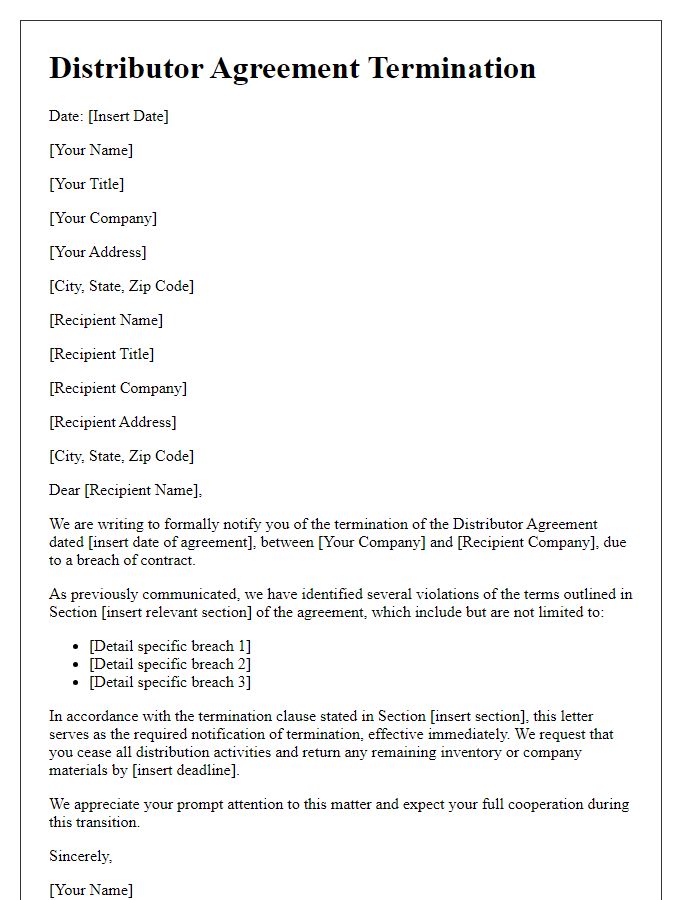 Letter template of distributor agreement termination for breach of contract.