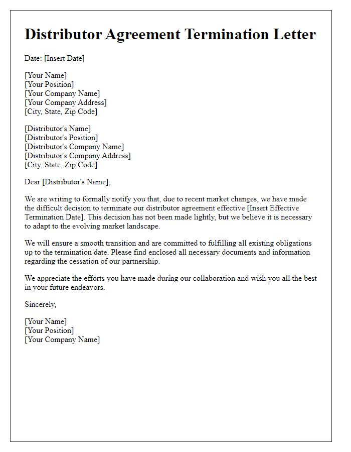 Letter template of distributor agreement termination due to market changes.