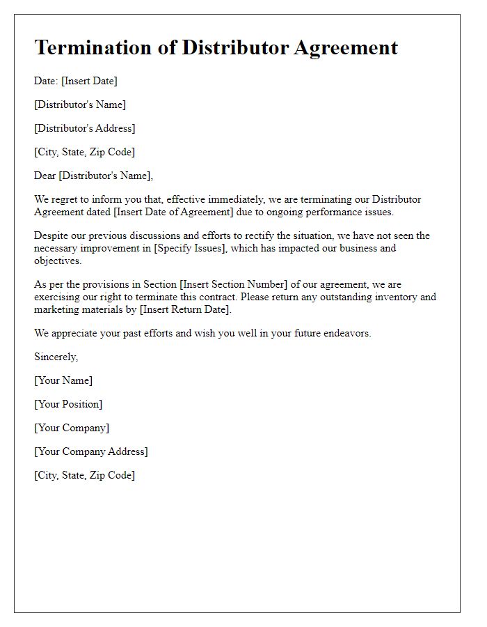 Letter template of distributor agreement termination due to performance issues.