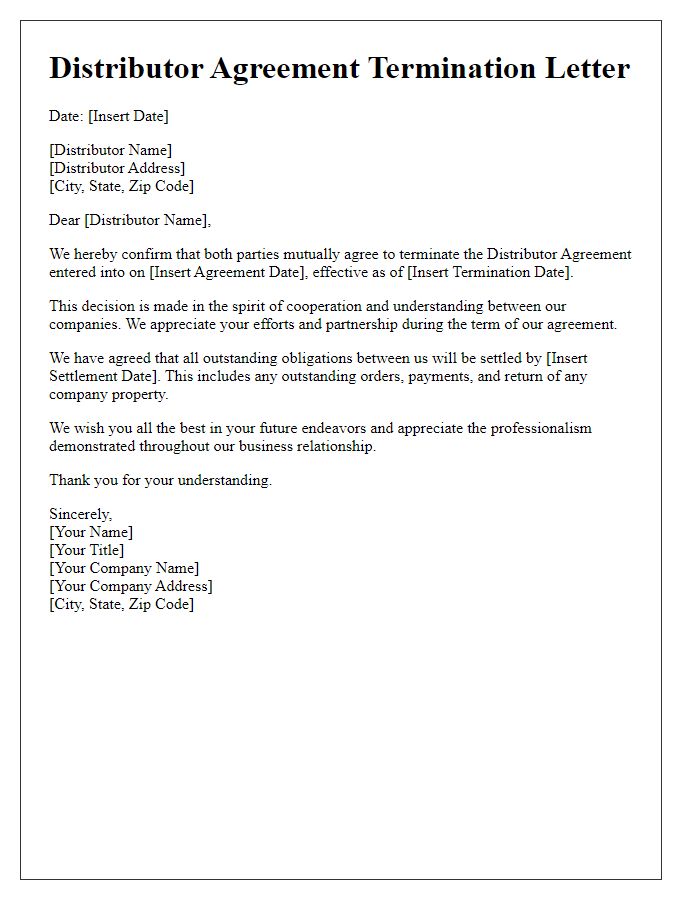 Letter template of distributor agreement termination resulting from mutual consent.