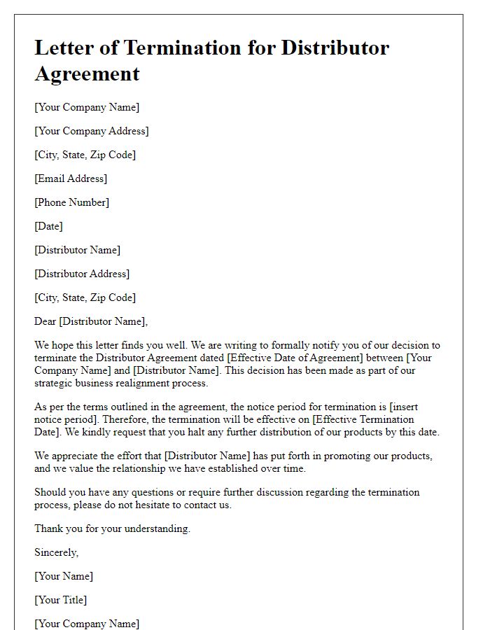 Letter template of distributor agreement termination for strategic business realignment.