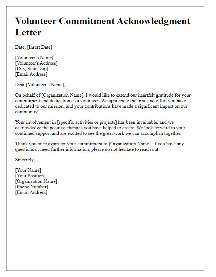 Letter template of acknowledgment for volunteer commitment