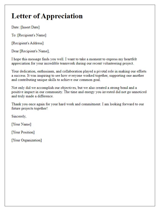 Letter template of appreciation for teamwork in volunteering