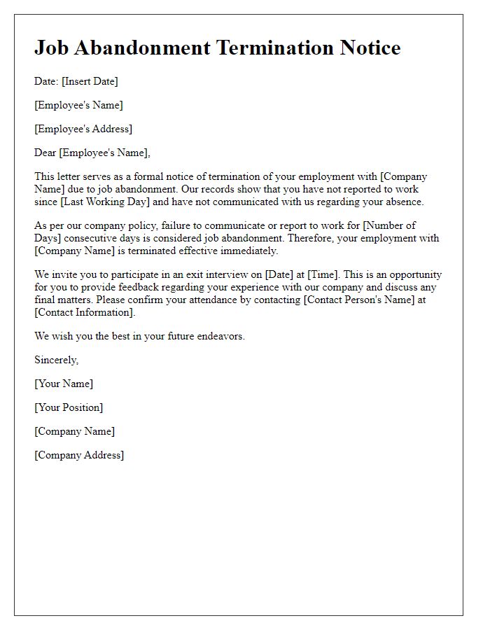 Letter template of Job Abandonment Termination Notice and Exit Interview Invitation