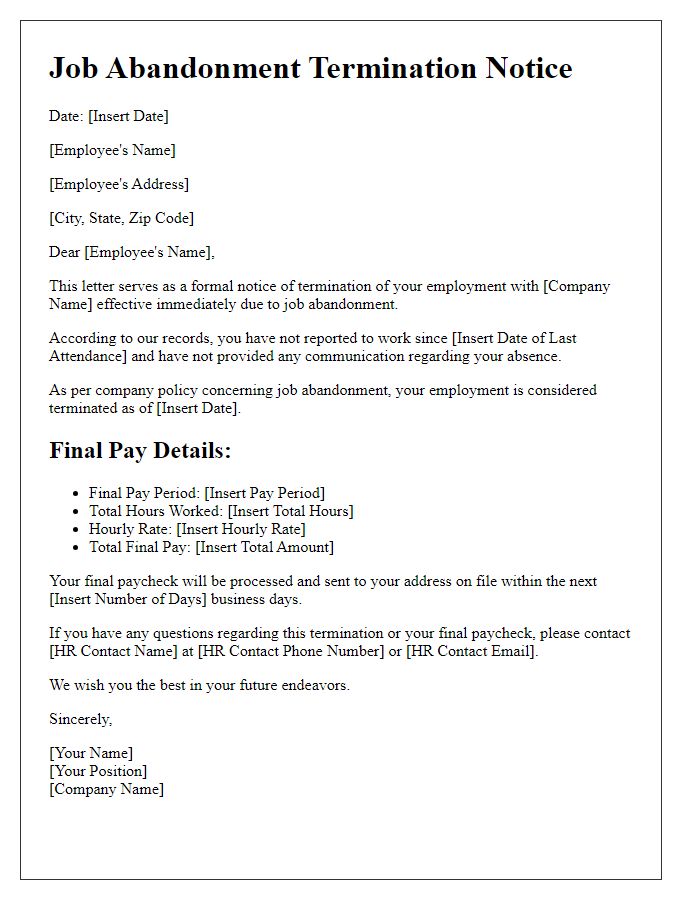 Letter template of Job Abandonment Termination Notice with Final Pay Details